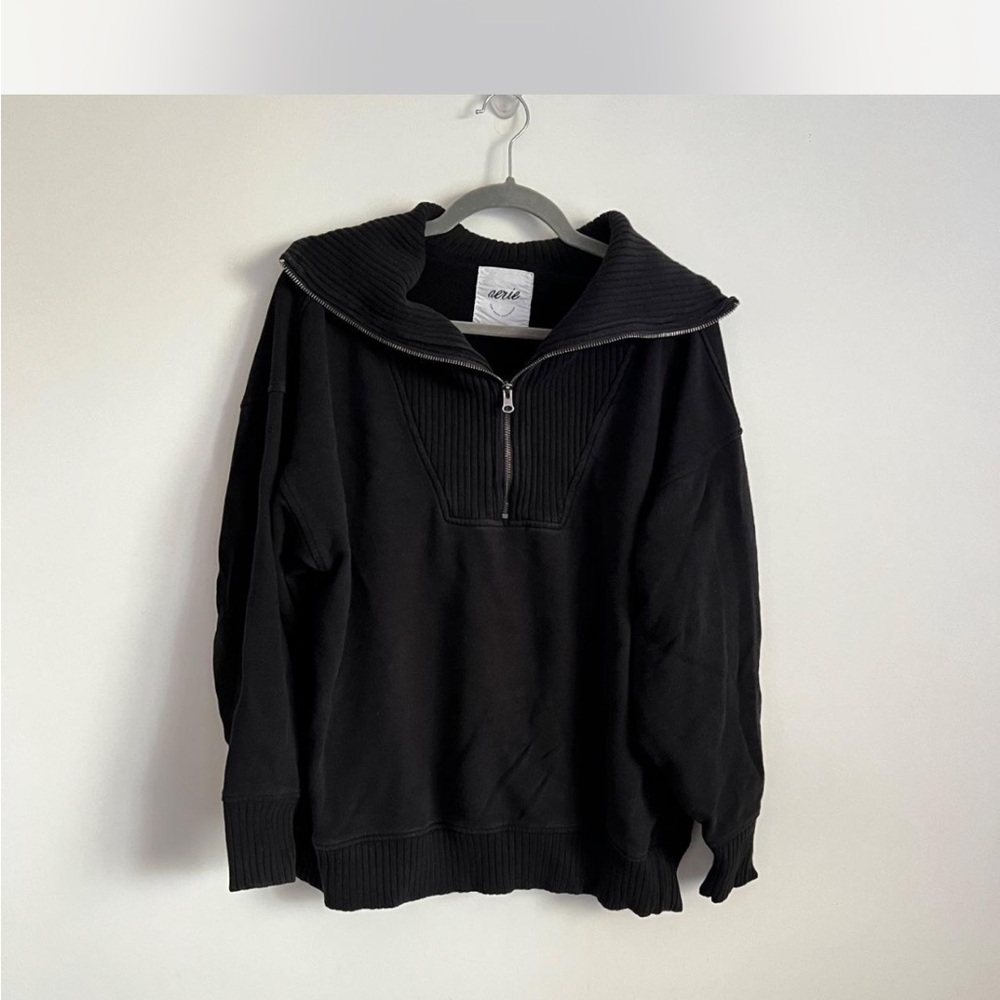 aerie Black Zip-Up Sweater with Wide Collar